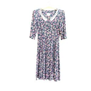 VINTAGE Paquette Too! Dress‎ Womens 10 Navy Floral Lace Collar Midi Made USA 90s